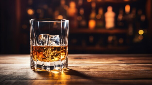 Whiskey con hielo en una mesa de madera en una tienda de licores o en un mostrador de bar con espacio vacío para copiar