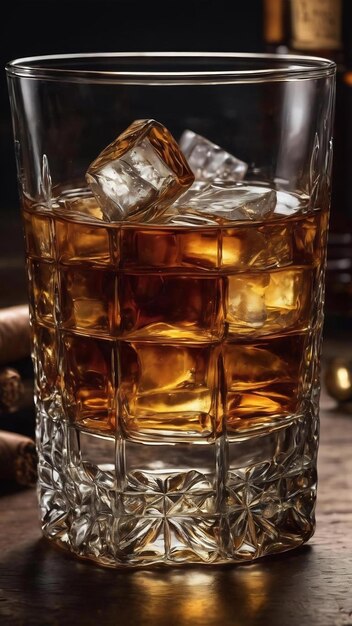 Whiskey con hielo o brandy en vaso con cigarro en negro