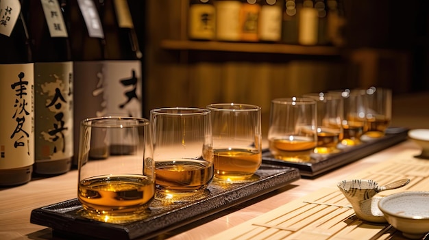 Whiskey japonés con selección de single malts y mezclas degustación de vasos de alcohol sommelier bar club bebida de calidad La gente disfruta de bebidas aromáticas y compañía de amigos concepto Generado por IA