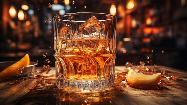 Whiskey mit Eis auf altem Holztisch