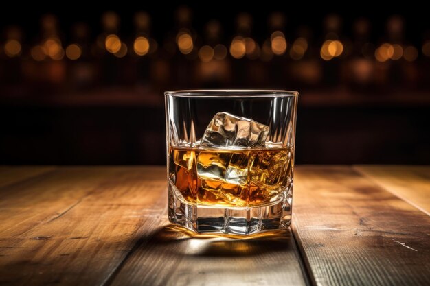 Whiskey mit Eis auf einem Holztisch in einem Spirituosenladen oder einer Bar mit leerem Kopierplatz