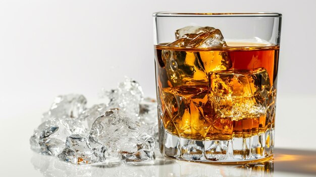 Whiskey mit Eis auf weißem Hintergrund selektiver Fokus Generative KI