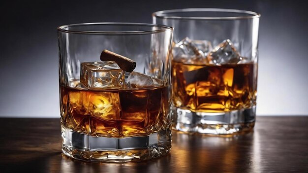 Whiskey mit Eis oder Brandy in einem Glas mit Zigarre auf Schwarz