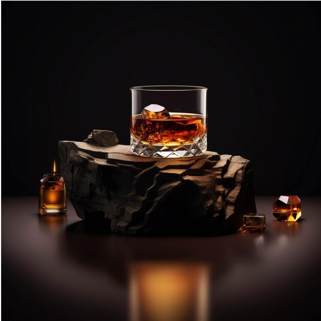 Foto whiskey mit eiswürfeln auf schwarzem hintergrund, 3d-darstellung