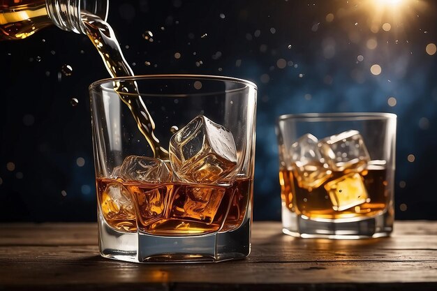 Whiskey mit Splashing-Tropfen und Bokeh-Lichtern