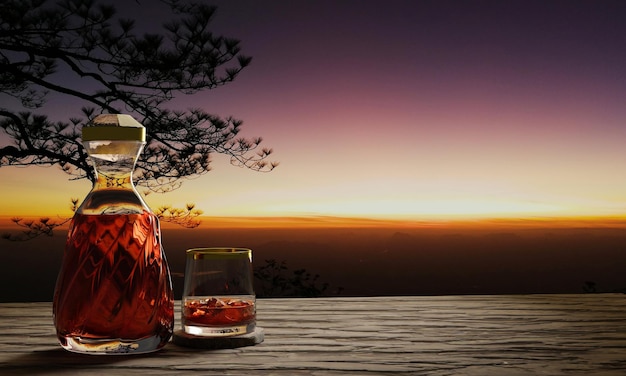 Whiskey oder Brandy in einer durchsichtigen Flasche mit einem Spiral-Design und einem durchsichtigen Glas, das auf Baumrinde oder Baumrinde platziert ist Landschaft mit Kiefern und Berglandschaften am Morgen Die Sonne geht auf 3D-Rendering