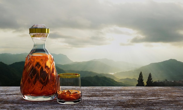 Whiskey oder Brandy in einer durchsichtigen Flasche mit einem Spiral-Design und einem durchsichtigen Glas, das auf Baumrinde oder Baumrinde platziert ist Landschaft mit Kiefern und Berglandschaften am Morgen Die Sonne geht auf 3D-Rendering