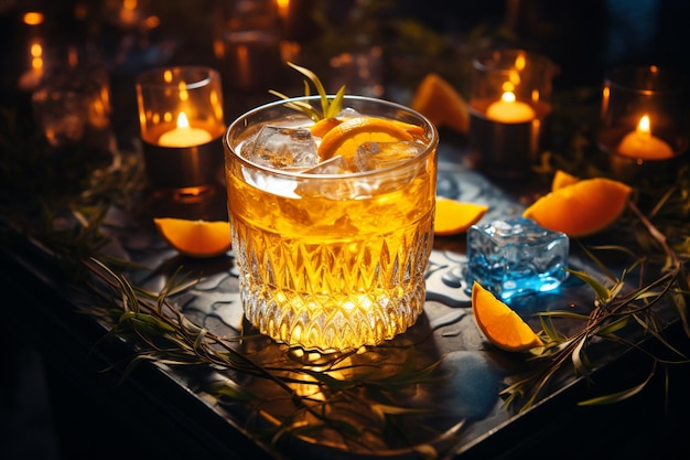 Whiskey salpicado en el vaso Whiskey con cubitos de hielo y salpicaduras en fondo negro de primer plano Beber