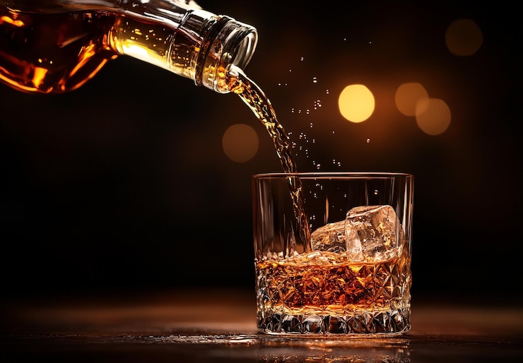 Foto whiskey sendo elegantemente derramado em um copo de cristal com gelo capturando o fluxo do líquido dourado
