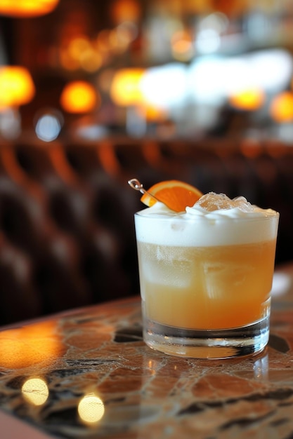 Whiskey sour cocktail adornado com fatias de laranja em mesa de mármore