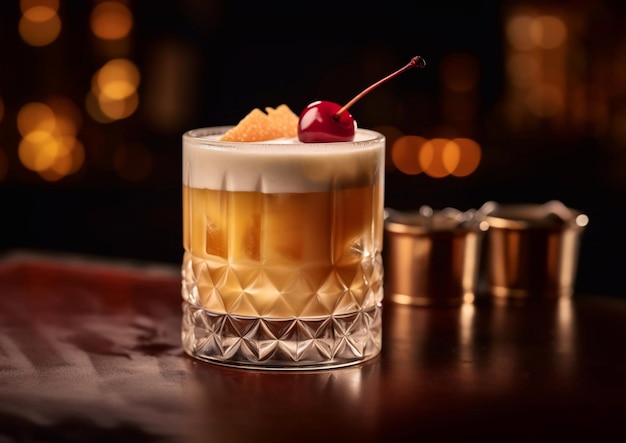 Whiskey sour cocktail com clara de ovo e cereja na mesaAI Generative