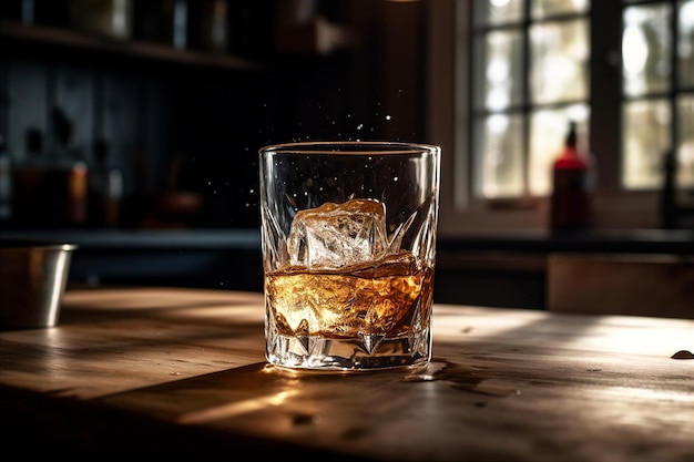 Foto whiskey vertiendo en cubos de hielo llenos de vaso con salpicaduras de luz cinematográfica generada por ia