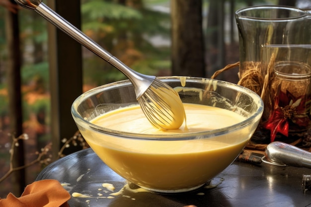 Foto whisking eggnog-mischung in einer glasschüssel im freien mit generativer ai