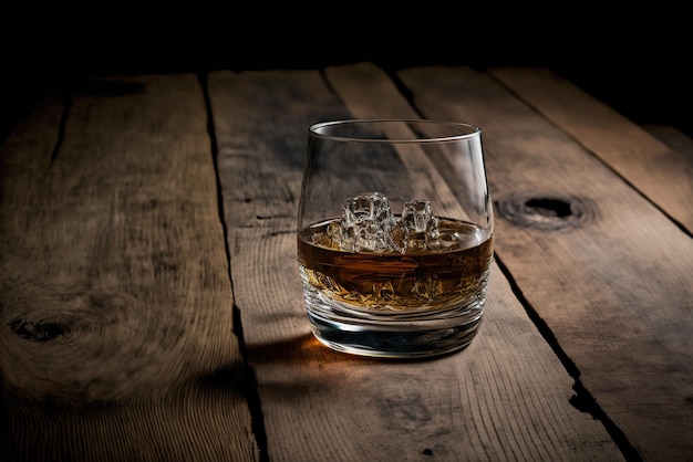 Whisky-Bourbon-Glas auf dunklem, holzigem Hintergrund, Nahaufnahme