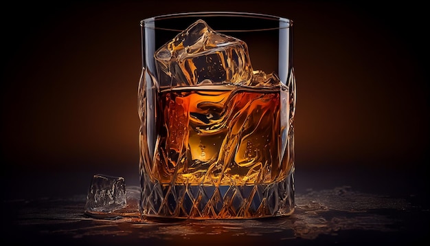 Whisky con cubitos de hielo sobre fondo negro generativo ai