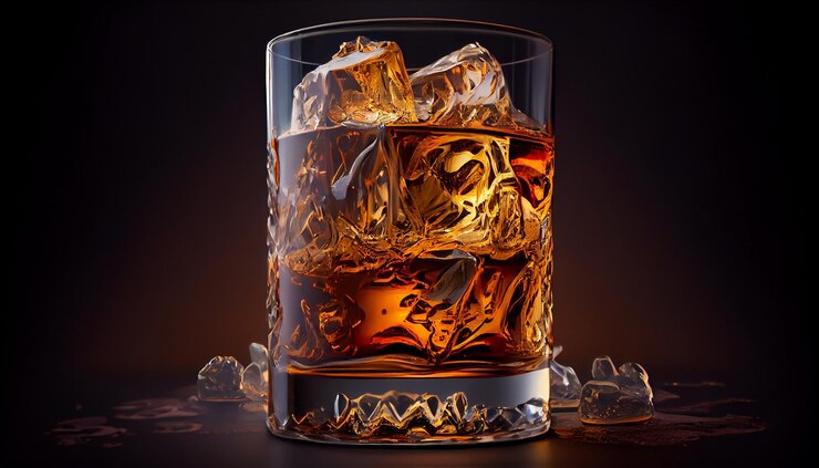 Whisky con cubitos de hielo sobre fondo negro generativo ai