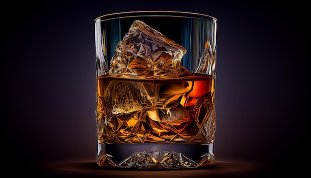 Whisky con cubitos de hielo sobre fondo negro generativo ai