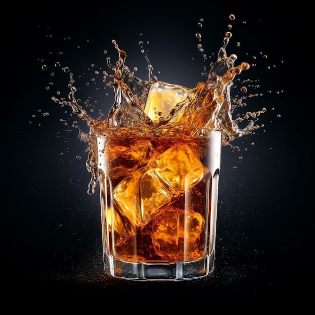 Whisky con cubitos de hielo y splash aislado sobre fondo negro