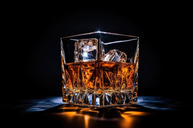 Whisky de fondo negro brillante en vaso