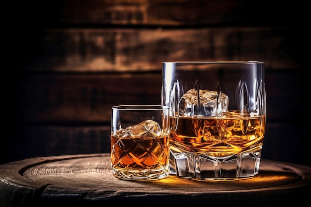 Whisky-Getränke Sie müssen Whisky mit Eis trinken, dann schmeckt der Whisky besser wie aus einem Eichenfass. Alkoholisches Getränk mit Eis, Nahaufnahme von Whisky oder Cognac auf dem Hintergrund eines Eichenfasses zum Altern