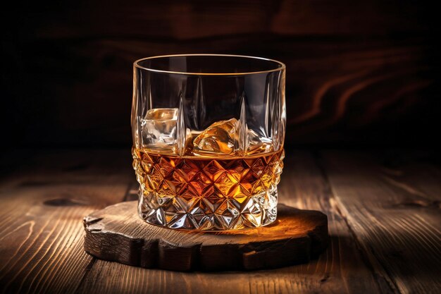 Whisky-Getränke Sie müssen Whisky mit Eis trinken, dann schmeckt der Whisky besser wie aus einem Eichenfass. Alkoholisches Getränk mit Eis, Nahaufnahme von Whisky oder Cognac auf dem Hintergrund eines Eichenfasses zum Altern