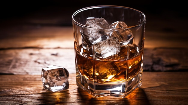 Foto whisky con hielo en una mesa de madera