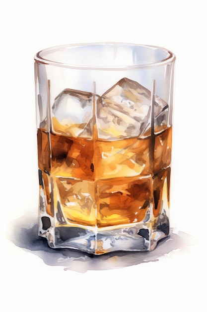 Whisky con hielo sobre un fondo blanco Ilustración acuarela