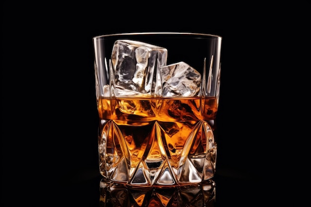 Whisky y hielo en un vaso sobre fondo blanco.