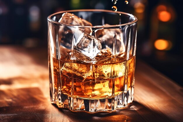 Whisky im Glas mit Eiswürfeln auf dunklem, rustikalem Holzhintergrund in Nahaufnahme