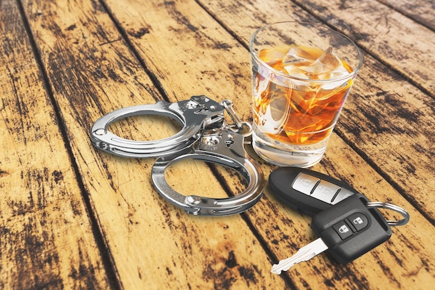 Whisky con llaves del coche y concepto de esposas para beber y conducir