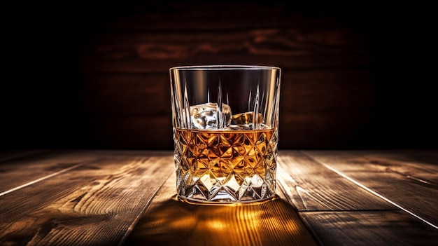 whisky de lujo en cristal sobre una elegante mesa de madera