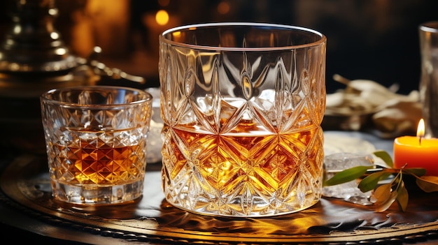 Whisky de lujo en un vaso brillante sobre una mesa antigua