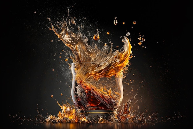Whisky o ron salpicando de un vaso sobre fondo negro y reflejos Concepto de lujo de alcohol