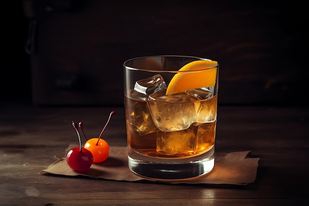 Whisky Sour Una copa de bourbon con dos cerezas en una mesa de madera