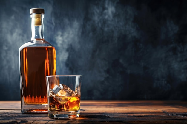 Whiskyflasche und Glas auf einem Holztisch gegen einen dunklen Hintergrund