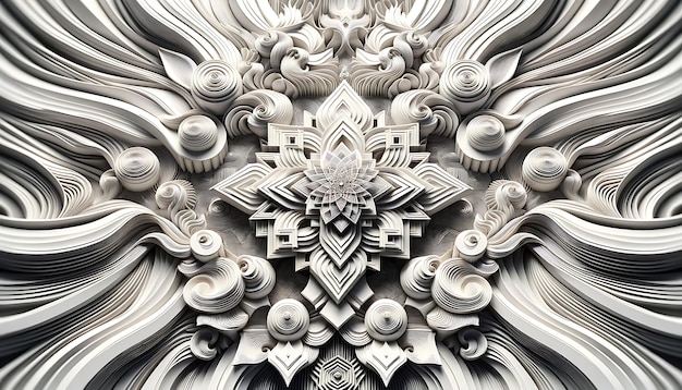 Whispers of Elegance Geometrische Anmut und Wellenform Serenity luxuriöses und kompliziertes Muster in einem 3D-realistischen Stil mit weißem Ton