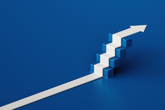 White arrow flowing on step stair with blue background business way concept minimal style 3d rendering