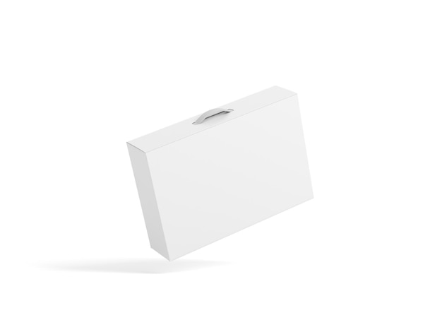 White Box With Handle Mockup volando sobre el embalaje de fondo blanco para la representación 3d de la computadora portátil