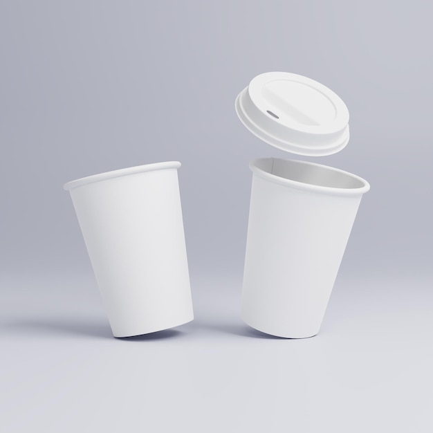 White Paper Tassen Kaffee Mock-up auf leeren Hintergrund White Cup Deckel Zwei Tassen in der Luft dynamisch