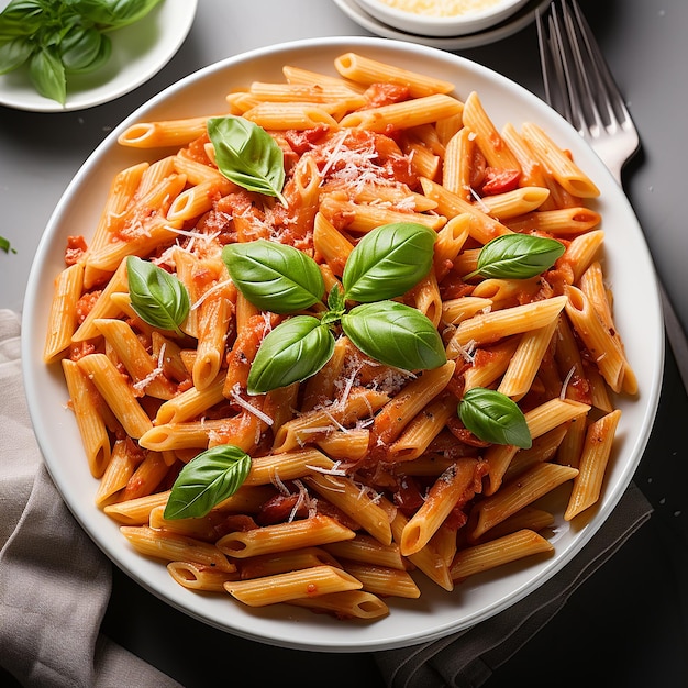 white_plate_of_Penne_pasta_with_tomato_sauce_on_white_ba