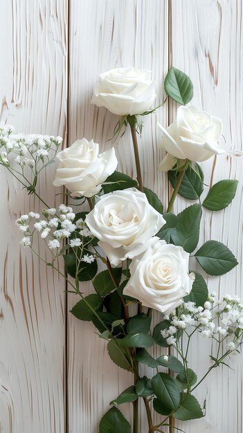 Foto white rose on white wooden background top view with copy space