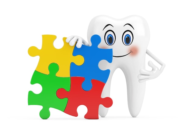 White Tooth Person Character Maskottchen mit vier bunten Puzzleteilen auf weißem Hintergrund 3D-Rendering