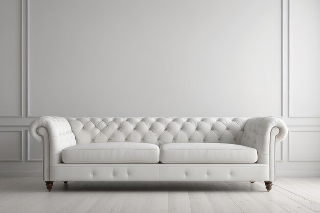White Tufted Sofa Couch Mid Century Moderne Wohnzimmer Leere Leere Wand Kopierfläche