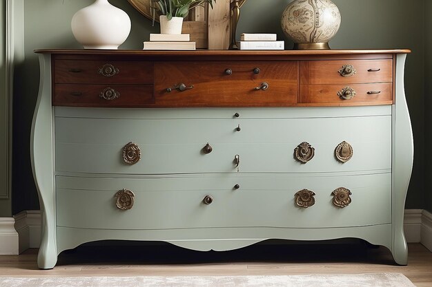 Foto white wooden dresser with three vases and flowers on white wall background chest of drawers close up