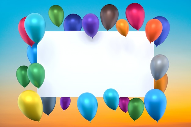 Whiteboard mit bunten Luftballons auf blauem Himmel