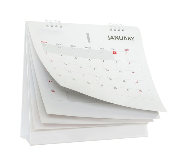 Whitepaper-Tischkalender, der die Seitenmockup einzeln auf weißem Hintergrund umblättert