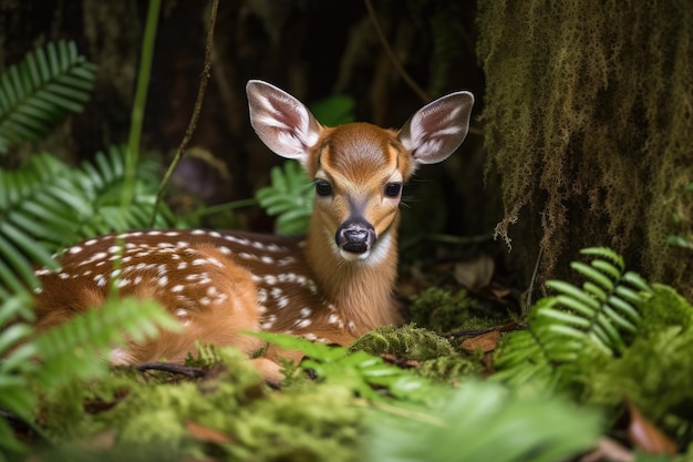 Whitetail Fawn39s recém-nascido descansando em samambaia verde