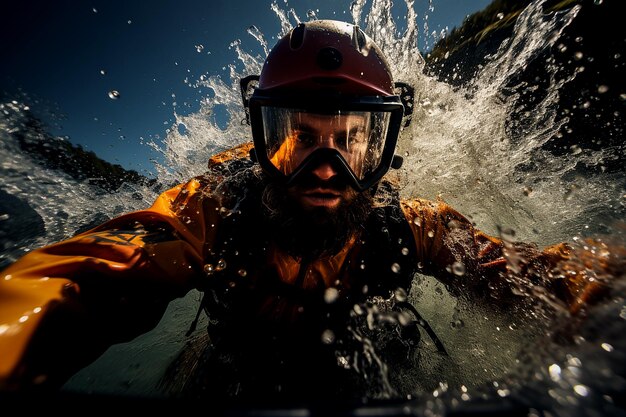 Foto whitewater symphony fängt einen kajakfahrer ein, der durch stromschnellen fährt