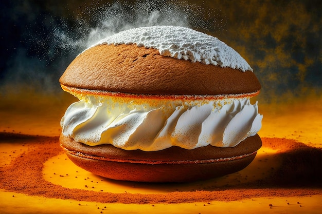 Whoopie Pie mit Mischungen und Sahne in goldenem Mehlkuchen hausgemachtes Dessert