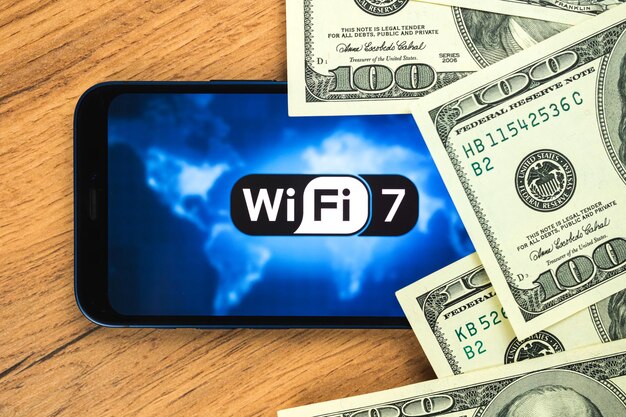Wi-Fi 7 neue moderne Technologie. Handy-Unterstützung Wi-Fi. Kommunikation, Hintergrundfoto des Internetverbindungskonzepts